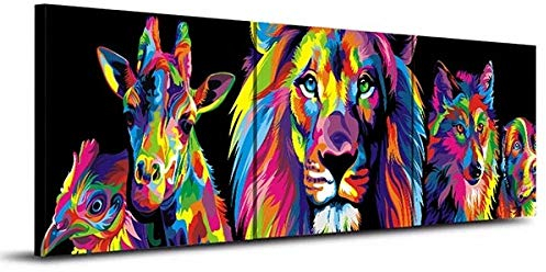 DDSDA Löwe mit Hirschwolf Färbung 3-teilig auf Leinwand- Gesamtformat: 150x70 cm fertig gerahmte Kunstdruckbilder als Wandbild - Billiger als Ölbild oder Gemälde -