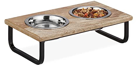Relaxdays Support de gamelle pour Chiens, 2 Bols en Acier Inoxydable 250 ML, Plateau en Bois de manguier, Nature/argenté