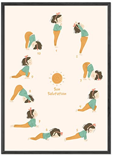 kizibi® Yoga Poster für Kinder Mit Rahmen Schwarz, Sonnengruß im Kinderzimmer, Yogaübungen Mit Kind