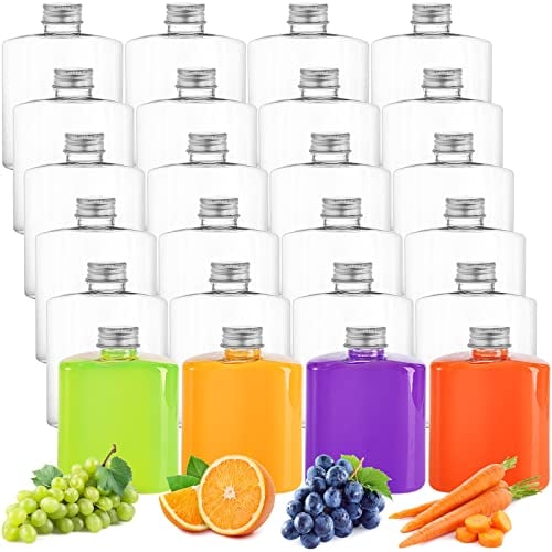 Elsjoy 24 Pack Kunststoff Saftflaschen, 250ml Leere Plastikflaschen zum Befüllen Shot Flaschen mit Aluminiumkappe, Wiederverwendbare Kunststoff Smoothie Saftflaschen für Getränke, Milch, Tee, Alkohol