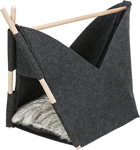TRIXIE kuschlige und zusammenfaltbare Höhle Elise aus Filz, mit Kissen, 63 × 44 × 30 cm, anthrazit - 37434