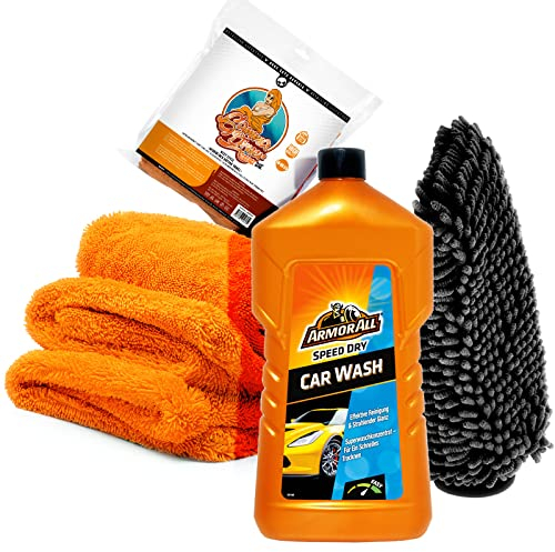 detailmate Autowäsche Bundle: ARMOR ALL Car Wash Speed Dry 1 Liter Autoshampoo + Nuke Guys Gamma Dryer XXL Mikrofaser Trockentuch 1400GSM + Nuke Guys Waschhandschuh - Handwäsche Set