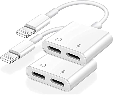 【Apple MFi Certificado】 2 Pack Adaptador Auriculares iPhone, 4 en 1 Adaptador de Cargador Dual Lightning AUX, Divisor de Cable Dongle Compatible con iPhone 13/12/11/X/XR/8/7