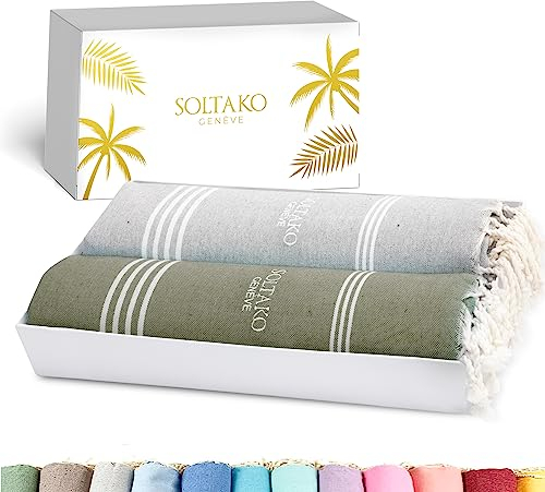 SOLTAKO Fouta Bali Premium, 2er Set, Khaki/Pastellgrau, 100/200cm