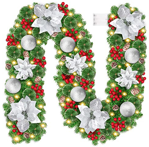 Ghirlanda Natalizia, CHOIGN 2.7M/9 Piedi Decorazioni Natalizie con Luci 30LEDs Alimentate Batterie, Ghirlanda Natale Decorazioni Artificiale per Porta, Camini,Scale,Decorazioni dell'albero di Natale