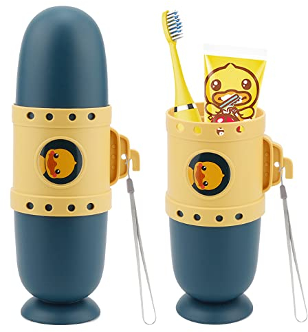 Pwsap Zahnbürsten-Reiseetui, abnehmbar und tragbar, 3-in-1-Zahnbürstenhalter, für Reisen, Wandern, Camping, Schule, Badezimmer, niedliches und Verspieltes U-Boot-Styling für Kinder (Blau)