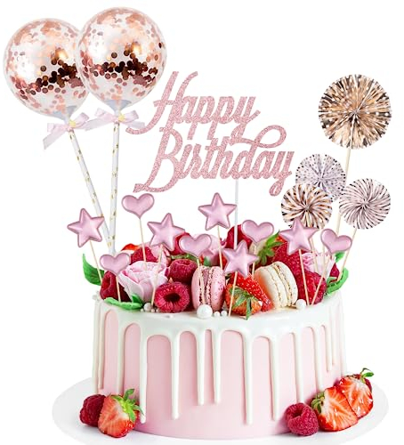 17 Stück Tortendeko Geburstagstorte, Happy Birthday Kuchendeko, tortendeko Gold, Glitter Cake Topper Happy Birthday, Cupcake Topper mit Sternen Liebe Konfetti-Luftballons und Papierfächer