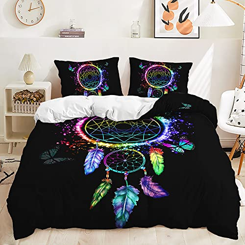 Chanyuan Bettwäsche Traumfänger 155x220cm Fluoreszierend Feder Schmetterling Muster 2 Teilig Mädchenbettwäsche Kinderbettwäsche Mikrofaser Schwarz Bettbezug Exotisch Boho mit Reißverschluss