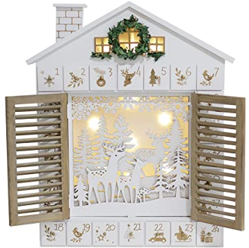 PE Holz Weihnachten Adventskalender Haus mit Jalousien und 24 Schubladen zum Befüllen Weihnachtskalender mit LED-Lichtern Rentier Wald Xmas Geschenke (weiß)