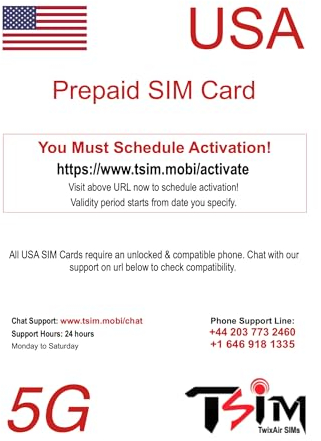 PrePaid USA SIM-Karte Unbegrenzte eingehende und ausgehende Anrufe/SMS | Ultra High Speed 5G Datenzulage Hotspot/Tethering/Internet Sharing erlaubt (3GB x 1 Monat)