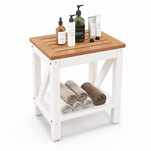 COSTWAY Taburete de Ducha de Esquina, Banco Impermeable de Baño con Estante de Almacenamiento de Madera, Asiento Bañera Adulto para Ducha para Uso en Interiores y Exteriores (Diseño 3)