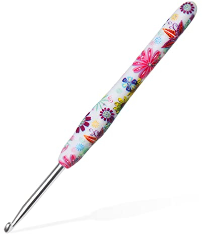 4.5mm Crochet Hook, Aeelike Ergonomic Soft Rubber Grip Crochet Hook for Arthritic Hands and Beginners, Pretty Floral Pattern Metal Crochet Needle 4.5mm