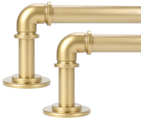 OLV goldene industrielle Gardinenstangen für Fenster von 71 bis 122 cm, 2,5 cm Durchmesser, Schwerlastgardinenstange für Verdunkelungsvorhänge, verstellbar, für drinnen und draußen, 2er-Pack