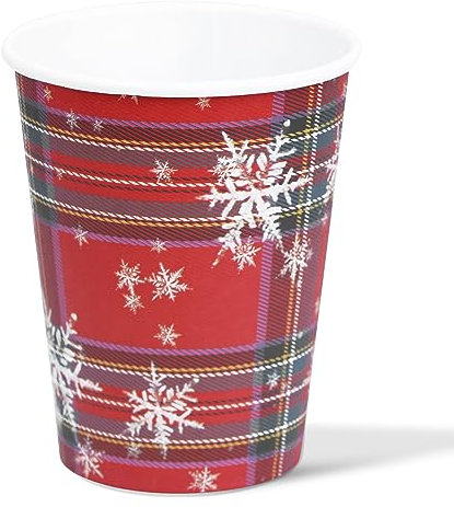 ZVK Christmas Party Paper Cups 12 Drinking Cups Scottish Red with Snowflake 9oz Party Cups Disposable