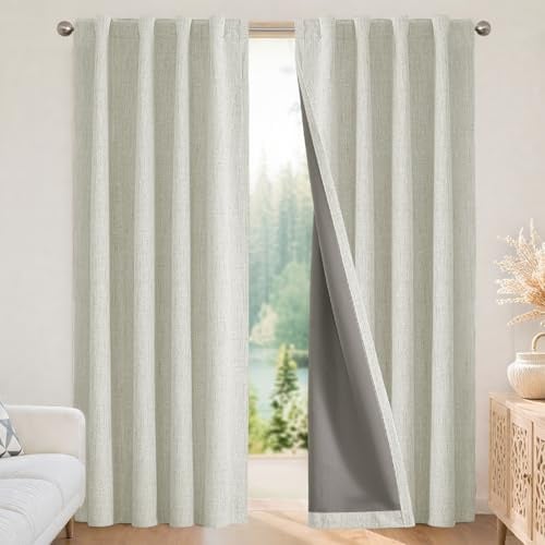 Joydeco 100% Black Out Curtains 84 inch Long 2 Panels Burg Natural Blackout Linen Drapes for Bedroom Living Room Darkening Curtain Thermal Insulated Back tab Rod Pocket(37x84 inch,Light Beige)