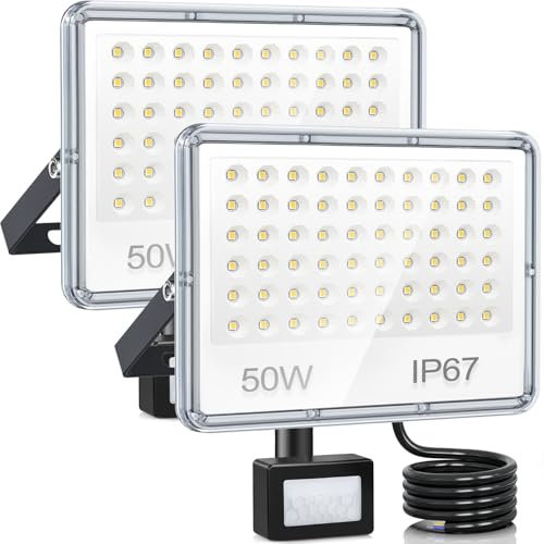 YIQIBRO Projecteur LED Exterieur Detecteur de Mouvement 50W, Lot de 2 Spot LED Extérieur Detecteur de Mouvement 5000LM 6500K, IP67 Etanche Eclairage pour Jardin Patio Garage