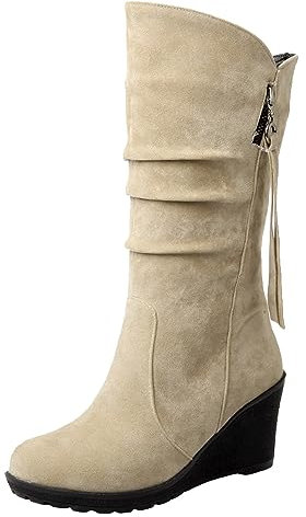 rismart Stivali Western Donna Polpaccio Medio Tacco a Zeppa Foderato con pelliccia sottile Camoscio Scarpe Invernali Beige,39