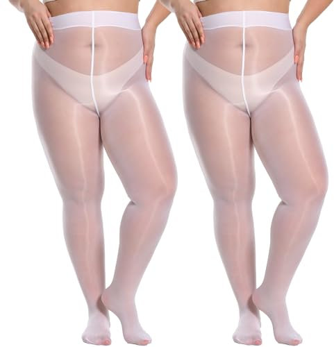 Yilanmy Damen Glänzende Strumpfhose Große Größen Sexy Öl Glanz Strumpfhosen 15 Denier Feinstrumpfhose Ultradünne-Weiß*2 Paare,XL/XXL
