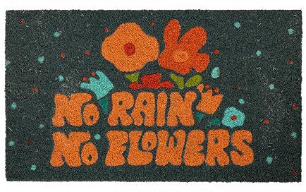 FISURA - Fußmatte Eingangshalle no rain no Flowers aus Kokosnuss mit PVC-Anti-Rutsch-Rückseite. Original-Fußmatte für draußen. Handbemalt. Maße:70 cm x 40 cm