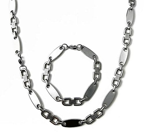 ayados Plattenkette Set Edelstahl 60,5 cm Steigbügelkette Cuban Halskette + Armband Platten Kette (Silber 10mm Plattenkette Set)