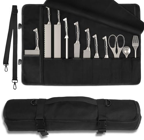lelezone Upgraded Chef Knife Roll Bag, Waterproof Waxed Canvas Knife Case Holds Size Up to 18'', Portable Knife Holder with 11 Slots for Knives with Adjustable Strap, Gift for Beginner or Pro