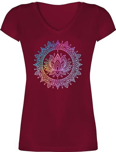 T-Shirt Damen V Ausschnitt - Yoga - Mandala Lotusblume I Spirituelle Meditation I Pilates Lotus Entspannung - M - Bordeauxrot - spirituelles Shirt Yoga-Shirt Joga Wellness Tshirt spirituell