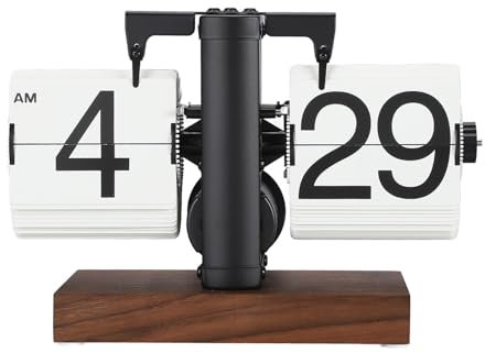 Fockety Flip-Tischuhr, 12 Stunden, Einseitig, Große Zahlen, Automatische Digitale Flip-Down-Uhr, Retro-mechanische Flip-Uhr mit Holzsockel, Batteriebetriebene Uhr (Schwarzer Rahmen,