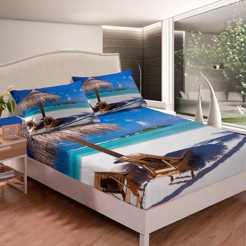 Generic 3D Tropisches Hawaii Spannbettlaken 160x200cm, Meerblick Weiches Mikrofaser Bettlaken für Erwachsene, Bettlaken Spannbetttuch 160x200 bis 30 cm Matratzenhöhe mit 2 kissenbezüge b2098