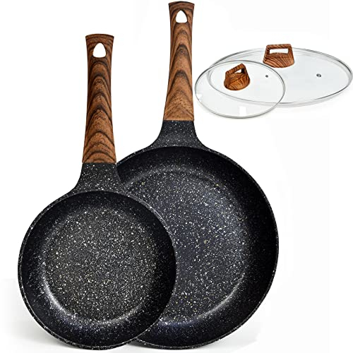 Nonstick Frying Pans Set with Lid, 10 In 11.5 In Aluminum Granite Coating Chef's Pan, Non Stick Flat Skillet Set with Glass Cover, Cookware Set Suitable for Gas Stove, Induction Glass Top