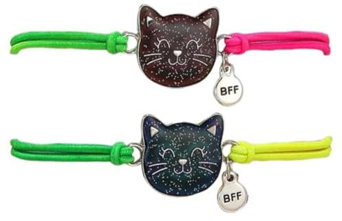 2 Braccialetti dell'Amicizia per Bambine, Intrecciati e Regolabili con Disegno Gatto; Ideali come Regalo per Feste di Compleanno e Altro.