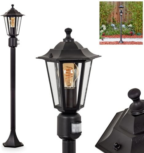 HOFSTEIN Außenstehleuchte Loria mit Bewegungsmelder, Außenwegeleuchte aus Metall/Glas in Schwarz/Klar, Wegeleuchte im Antik/Landhaus/Vintage-Design für Garten, Außenbereich, Hof, 107 cm, E27, IP44