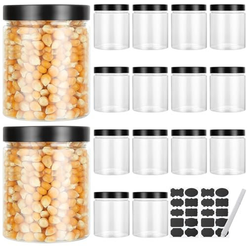LDXDRU 16 Pack 500ml / 17oz Plastic Jars with Lids, Clear Food Storage Jars with Labels & Pen, Empty Jam Jars Kitchen Storage Canisters for Snacks Grains Power Spices