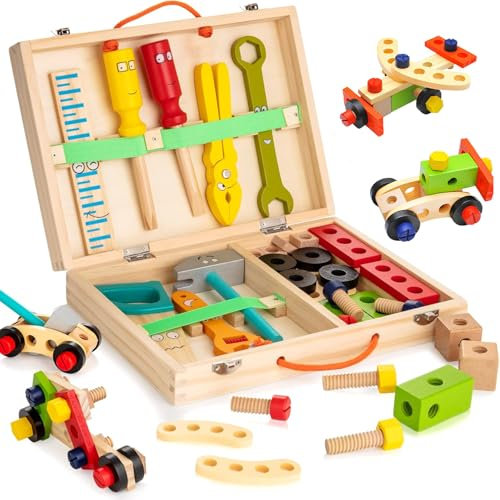 Werkzeugkoffer Kinder Holz, 34 Stück Werkzeug Kinder Holzspielzeug, Kinderwerkzeug Lernspielzeug Werkzeug Koffer Kinder Weihnachten Geschenk Kinderspielzeug Spiele ab 2 3 4 5 Jahren