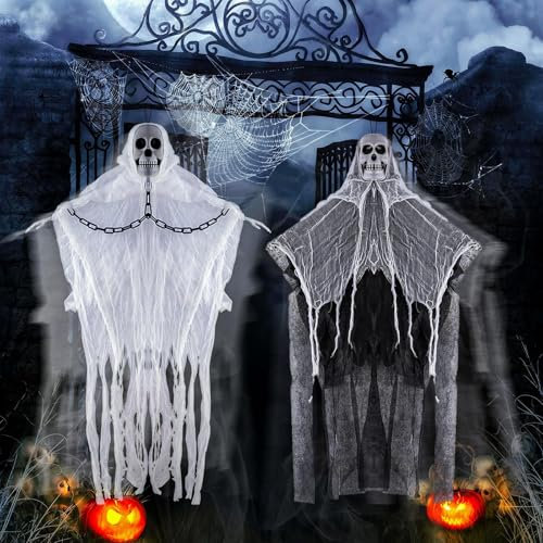Snarflun Lot de 2 Squelettes Fantômes à Suspendre – Décoration Halloween Intérieur/Extérieur, Faucheuses pour Maison Hantée, Jardin et Déco Halloween Extérieure/Intérieure