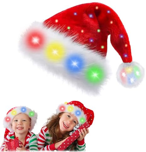 songyea Weihnachtsmütze, Farbe LED Lichter Weihnachtsmütze, Erwachsene Weihnachtsmütze Rot, Nikolausmütze mit leuchtendem, Plüsch Weihnachtsmützen für Neujahr Festliche Weihnachtsfeier (1, Kurz)