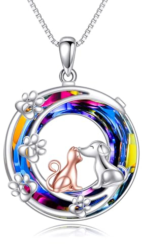 KQF Katze Kette für Damen Sterling Silber Hundekette Katze Schmuck Kristall Anhänger Geschenke für Damen