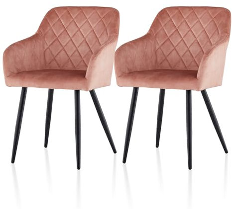 TUKAILAI Esszimmerstühle 2er Set aus Samt, Küchenstuhl Polsterstuhl Wohnzimmerstuhl Sessel mit Armlehnen Rückenlehne Metallbeinen, für Küche Esszimmer Wohnzimmer Lounge,Rosa