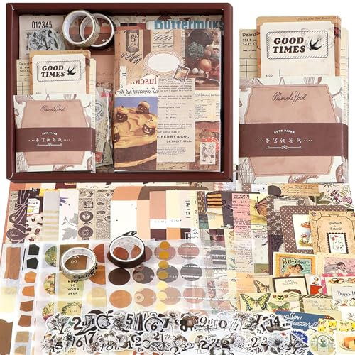 ROEOWENE 410 PCS Scrapbook Zubehör Journal Sticker DIY Scrapbook Set Vintage Scrapbooking Zubehör Bastelpapier Aesthetic Notizbuch Bastelset Tagebuch Weihnachten Geschenke für Teenager-Braun
