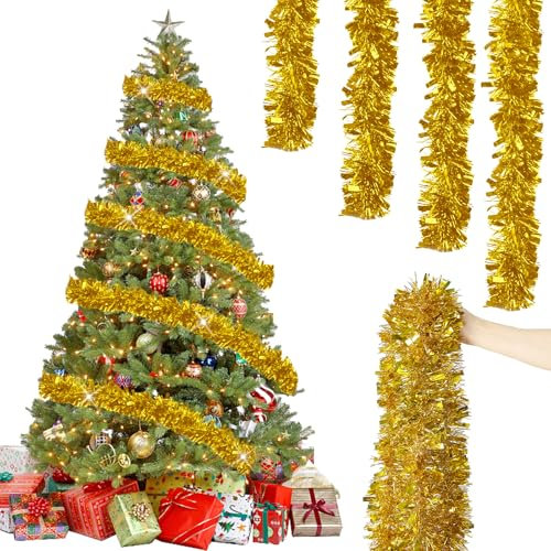 6 Stück x 2M Weihnachten Lametta Girlande, Lametta Girlande Weihnachtsgirlande, Glitzernd Girlande Weihnachten Innen-Und Außen für Weihnachtsbaum Weihnachtsfeier, Lametta Weihnachtsdekoration Gold
