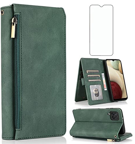 Compatible with Samsung Galaxy A12/M12 Wallet Case Tempered Glass Screen Protector and Zipper Retro Leather Flip Cover Card Holder Stand Cell Accessories for A 12 5G A-12 S12 12A 4G Women Men Green