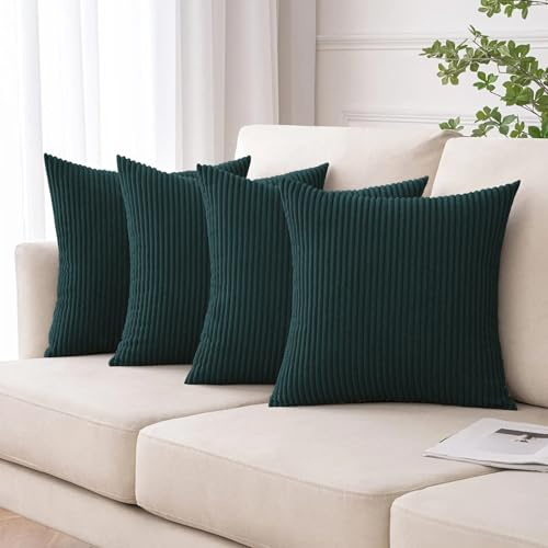 Moonlight Bedding Corduroy Cushions with Covers included Teal Pack of 4 (4 covers, 4 inserts) 45 x 45 cm Decorative Stripe Throw Pillow Cases with Invisible Zipper for Living Room Bed Sofa