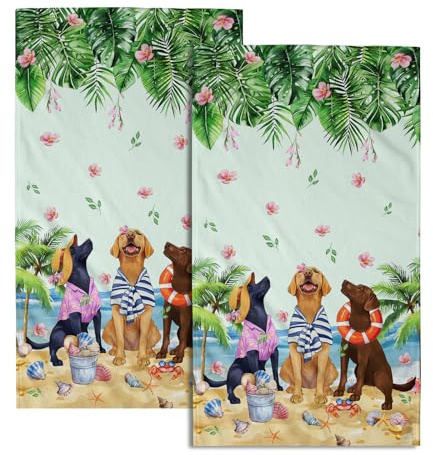Giwawa Summer Dogs Hand Towel Set of 2, Funny Ocean Beach Coastal Puppy Towel, Tropical Palm Tree Leaf Floral Face Towel Quick Drying Dish Wash Cloth for Hotel Bathroom Gym Home Spa Decor