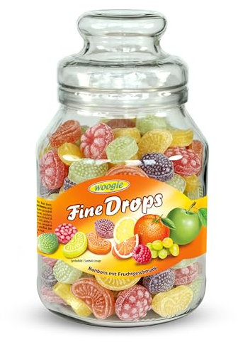 Woogie Fruchtmix Bonbons 966g – Bunte Zuckersteine in 5 fruchtigen Geschmacksrichtungen (Apfel, Himbeere, Orange, Traube und Zitrone) – Hartkaramellen in dekorativem Bonbonglas – Retro-Fruchtmischung