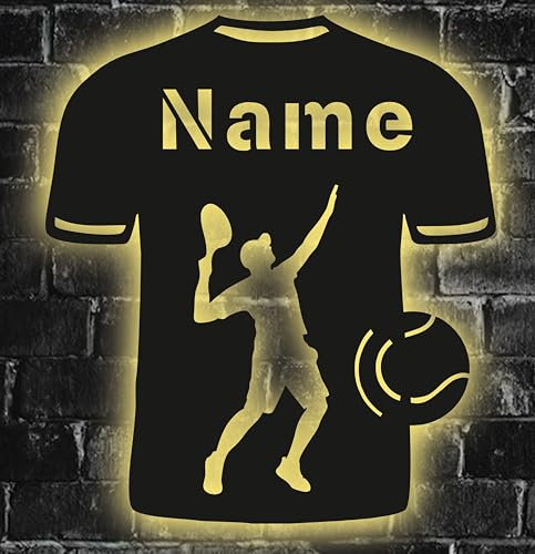 WALUNA® Tennis Trikot mit Name personalisierte LED Schild Deko, Geschenk für Tennis Spieler - Nachtlicht Gaming USB Lampe für Mädchen und Junge in 12 Holzarben