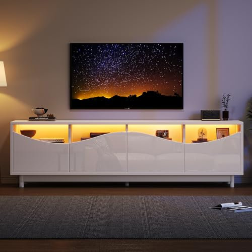 Moimhear Mobile TV curvo bianco lucido ante ante in vetro temperato illuminazione d'atmosfera adatto come arredo intrattenimento, camera da letto, soggiorno, 175 x 38 x 51 cm