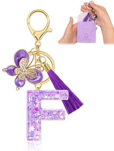 Fengguock Portachiavi con Iniziale Portachiavi Donna Iniziale Portachiave Ragazza con Lettera Portachiave Donna Regali da Personalizzare Con Farfalla per Gli Amici, per Zaino Borsa Scuola, Viola-F