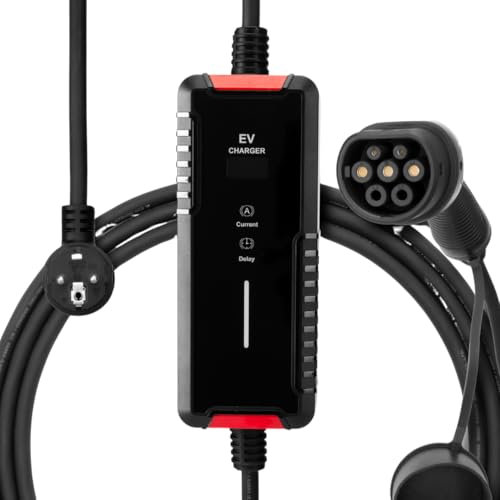 EVloaded | Bärbar typ 2 laddkabel 220 V | 16 A 1-fas 3,6 kW, 5 m | med display och val av ström | 5 m laddare med skyddsfunktioner för elbilar | IP54 | EV-laddningskabel med tidsfunktion