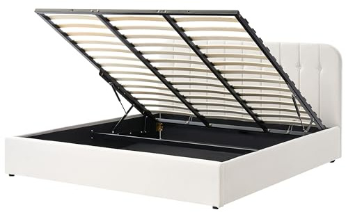 Beliani Bett Stoff cremeweiß mit Bettkasten Lattenrost hochklappbar 180x200 cm Challans