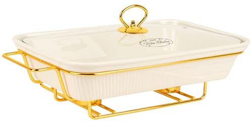 FESTA ITALIA Auflaufform Keramik mit Deckel - 2L - Lasagne Rechteckig Form Groß - Weiss Auflaufformen mit Ständer Tealight - Ofenform - Backform - Lasagneform - Casserole Dish - Großkeramik