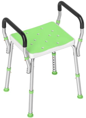 HOMCOM Tabouret de Douche avec Accoudoirs, Hauteur Réglable, Vert | Chaise de Douche pour Personnes Âgées et Handicapées, Patins Antidérapants, Chaise de Bain en Aluminium Antirouille